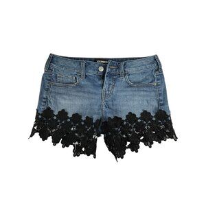 EXPRESS Denim Shorts Sz 2 Low Rise Relaxed Fit Jorts Black Crochet Lace Cut Off